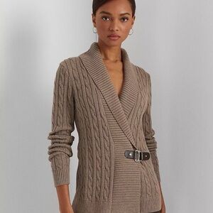 Ralph Lauren Taupe Cable-Knit Shawl Collar Cardigan
